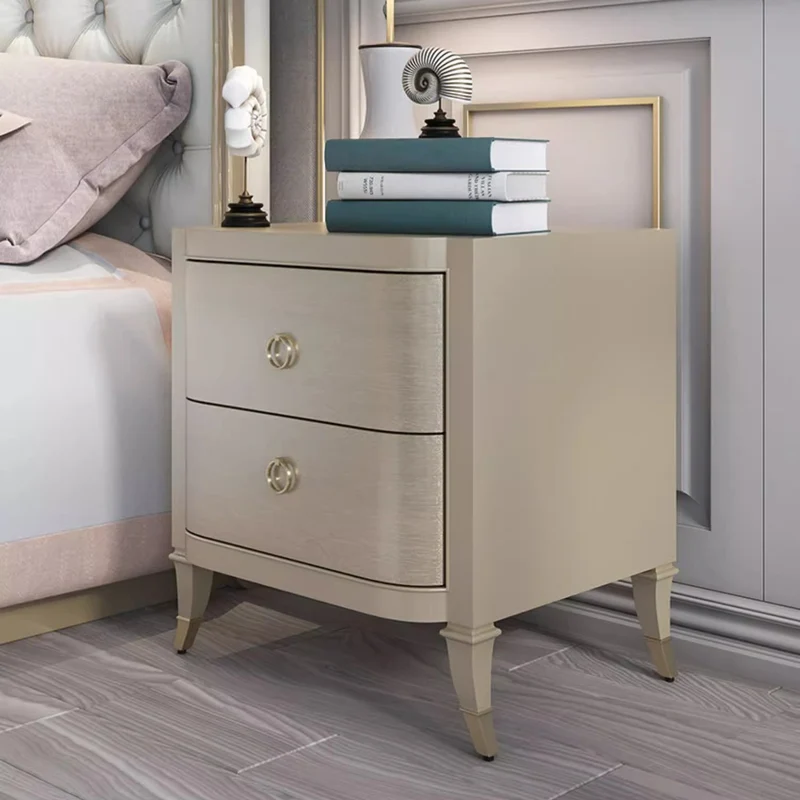 Contemporary Boho Rectangular Tabletop Oak Wood Veneer Plywood Copper Nightstand 2-Drawer For Bedroom