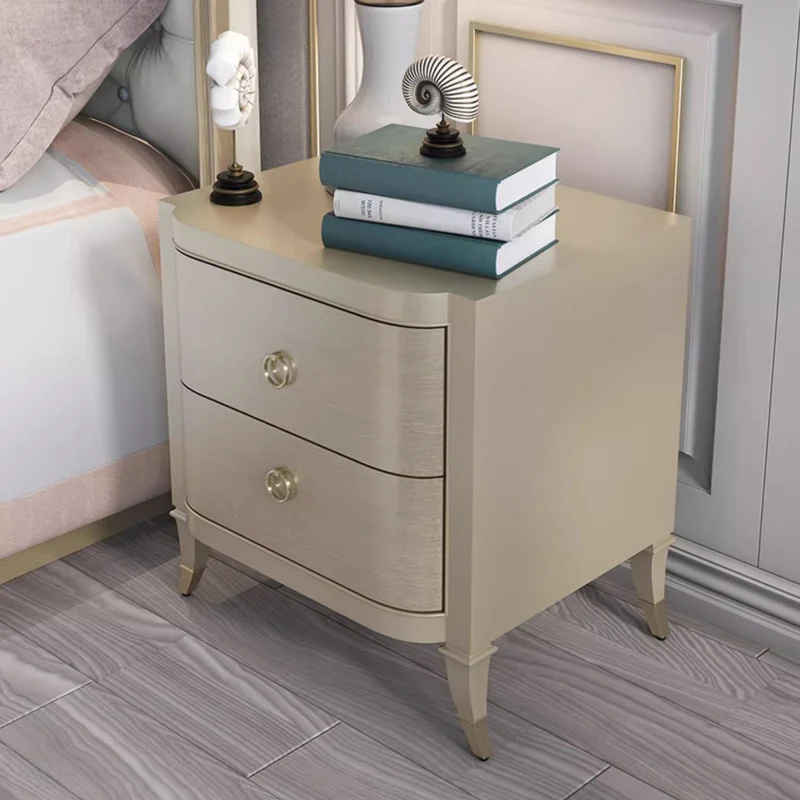 Contemporary Boho Rectangular Tabletop Oak Wood Veneer Plywood Copper Nightstand 2-Drawer For Bedroom