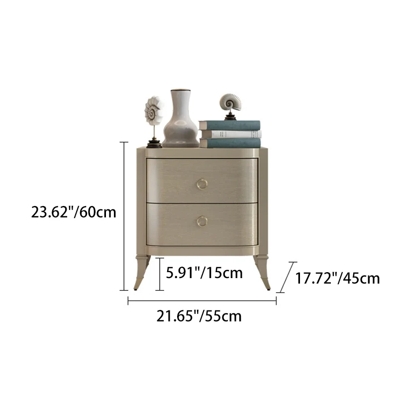 Contemporary Boho Rectangular Tabletop Oak Wood Veneer Plywood Copper Nightstand 2-Drawer For Bedroom