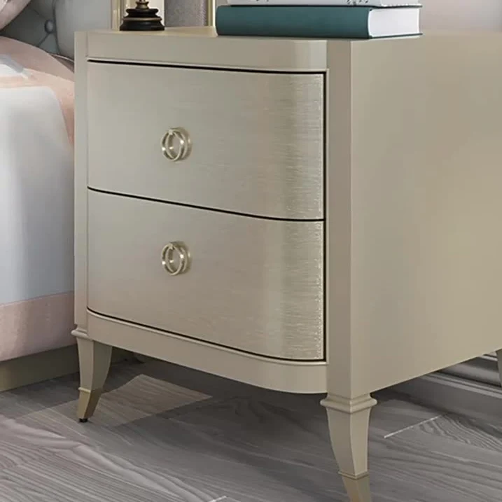 Contemporary Boho Rectangular Tabletop Oak Wood Veneer Plywood Copper Nightstand 2-Drawer For Bedroom