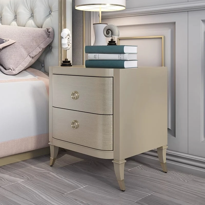Contemporary Boho Rectangular Tabletop Oak Wood Veneer Plywood Copper Nightstand 2-Drawer For Bedroom