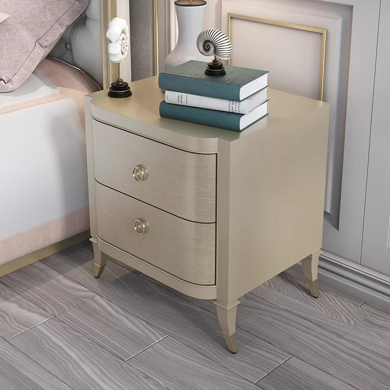Contemporary Boho Rectangular Tabletop Oak Wood Veneer Plywood Copper Nightstand 2-Drawer For Bedroom