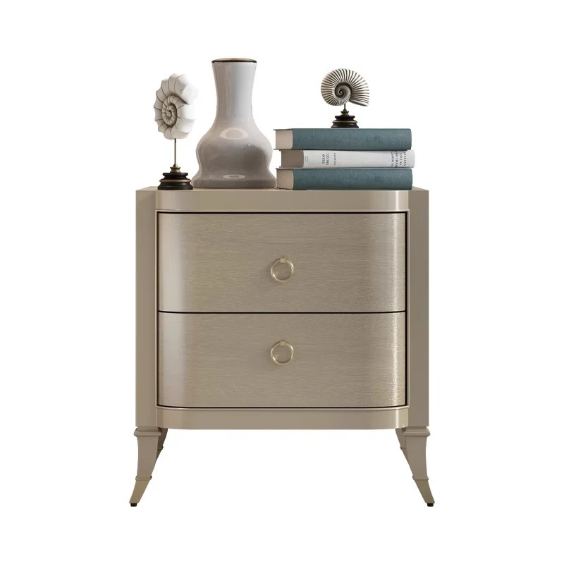 Contemporary Boho Rectangular Tabletop Oak Wood Veneer Plywood Copper Nightstand 2-Drawer For Bedroom