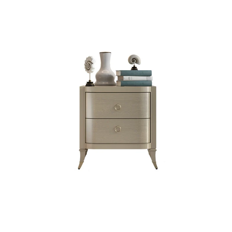 Contemporary Boho Rectangular Tabletop Oak Wood Veneer Plywood Copper Nightstand 2-Drawer For Bedroom