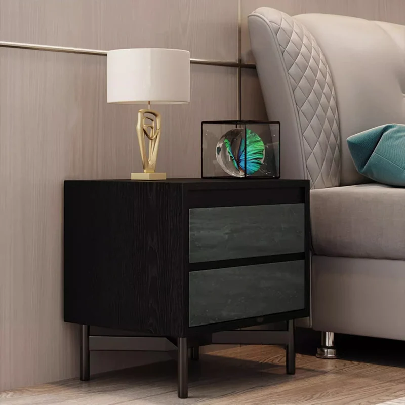 Modern Shabby Chic Removable Rectangular Tabletop Plywood Hardware Wood Veneer Nightstand 2-Drawer For Bedroom