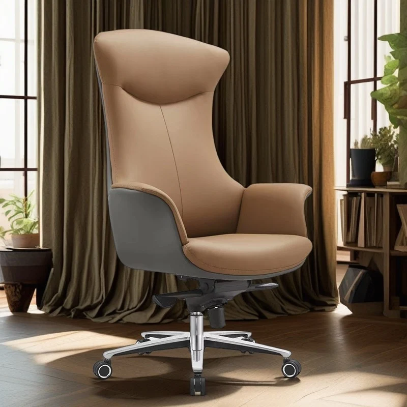 Modern Minimalist Silicone Leather & Full-Grain Cowhide Aluminum Alloy Metal Shell-Back Ergonomic Desk Chair With Armrests & Reclining For Home Office Or Study