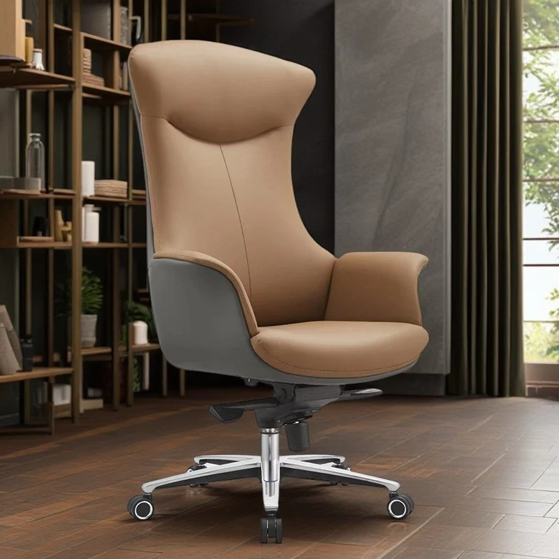 Modern Minimalist Silicone Leather & Full-Grain Cowhide Aluminum Alloy Metal Shell-Back Ergonomic Desk Chair With Armrests & Reclining For Home Office Or Study