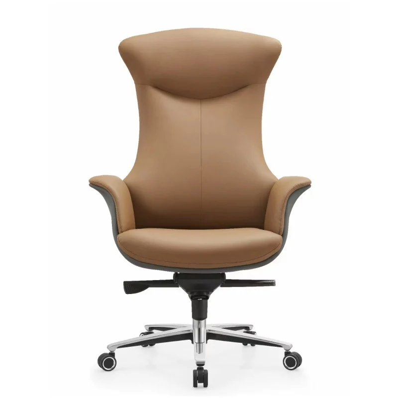 Modern Minimalist Silicone Leather & Full-Grain Cowhide Aluminum Alloy Metal Shell-Back Ergonomic Desk Chair With Armrests & Reclining For Home Office Or Study