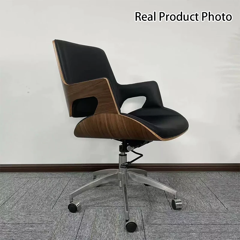Contemporary Nordic Microfiber & Genuine Leather Steel Aluminum Alloy Square Desk Chair Adjustable Height Rotating With Backrest And Armrests For Home Office And Study