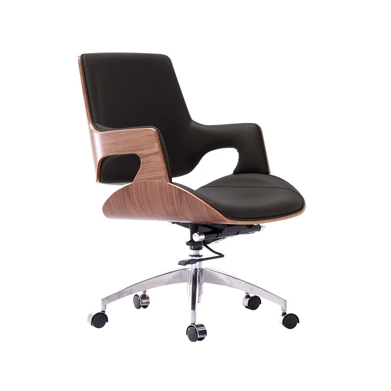 Contemporary Nordic Microfiber & Genuine Leather Steel Aluminum Alloy Square Desk Chair Adjustable Height Rotating With Backrest And Armrests For Home Office And Study