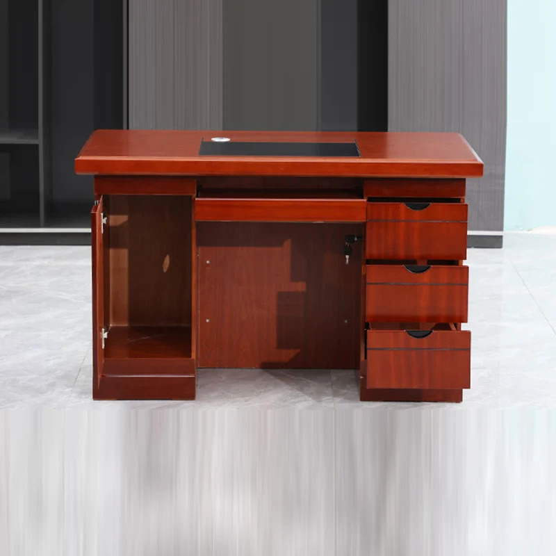 Contemporary Retro MDF Rectangular Desk With 3 Drawers 1 Cabinet For Home Office And Study