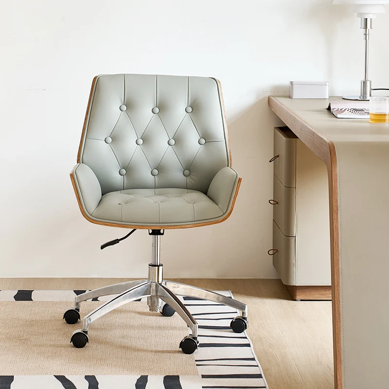 Contemporary Nordic Swivel Microfiber & Genuine Leather Plywood Steel Square Desk Chair With Armrest And Backrest For Home Office Or Study