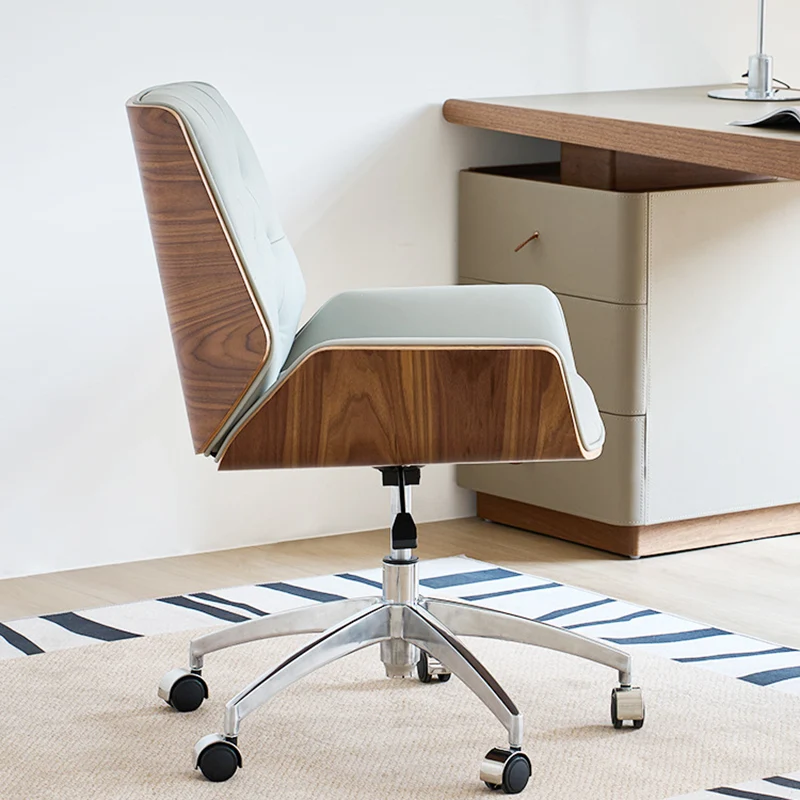 Contemporary Nordic Swivel Microfiber & Genuine Leather Plywood Steel Square Desk Chair With Armrest And Backrest For Home Office Or Study