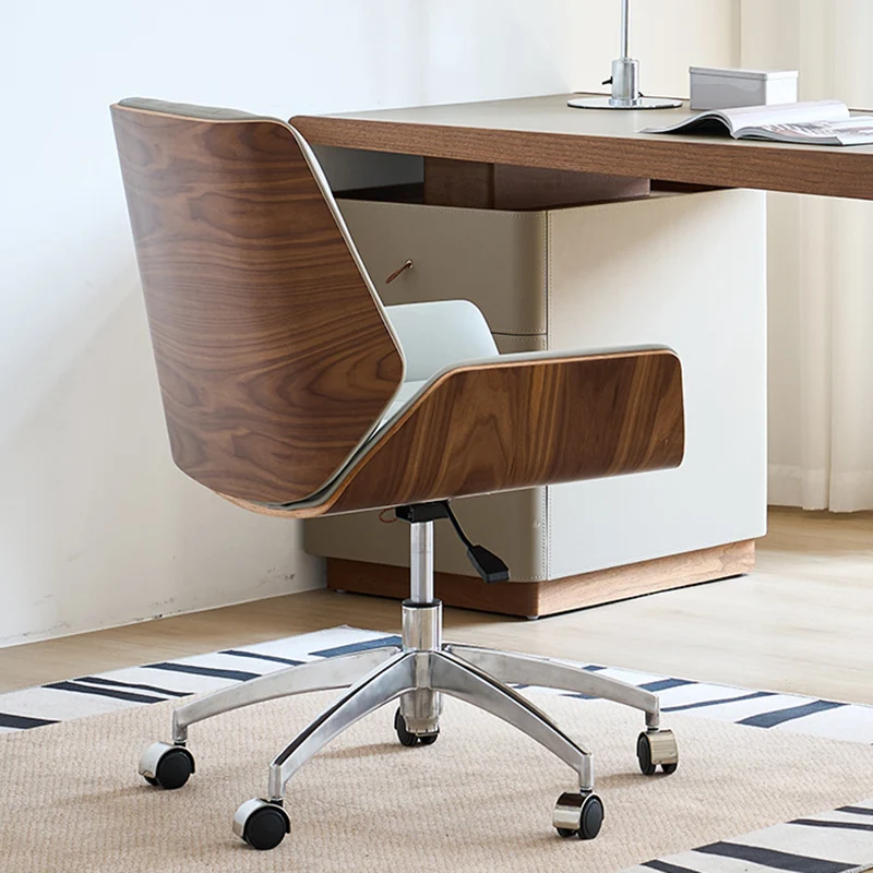 Contemporary Nordic Swivel Microfiber & Genuine Leather Plywood Steel Square Desk Chair With Armrest And Backrest For Home Office Or Study