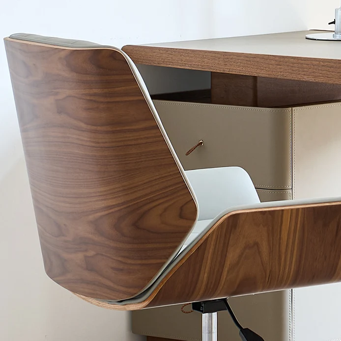Contemporary Nordic Swivel Microfiber & Genuine Leather Plywood Steel Square Desk Chair With Armrest And Backrest For Home Office Or Study