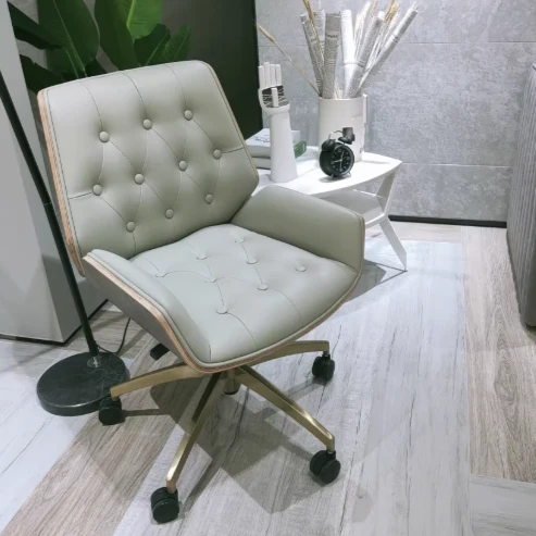 Contemporary Nordic Swivel Microfiber & Genuine Leather Plywood Steel Square Desk Chair With Armrest And Backrest For Home Office Or Study