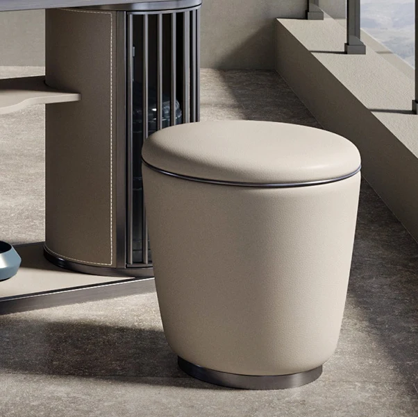 Modern Simplicity Microfiber Leather Stainless Steel Wood Round Vanity Stool For Bedroom, Living Room, And Tea Room