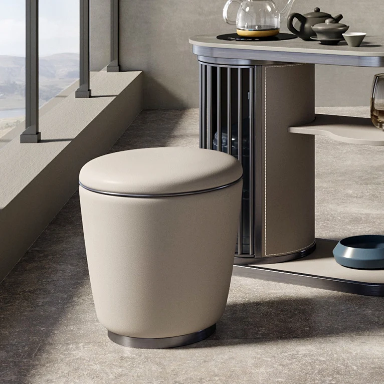 Modern Simplicity Microfiber Leather Stainless Steel Wood Round Vanity Stool For Bedroom, Living Room, And Tea Room