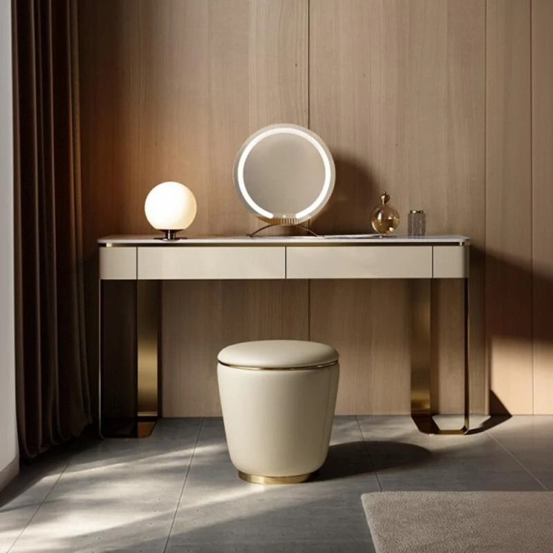 Modern Simplicity Microfiber Leather Stainless Steel Wood Round Vanity Stool For Bedroom, Living Room, And Tea Room