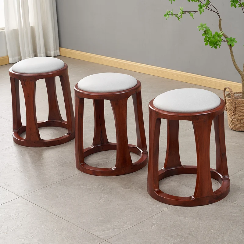 Traditional Chinese Synthetic Fabric & Faux Nappa Leather Rubberwood Round Low Stool For Living Room And Bedroom