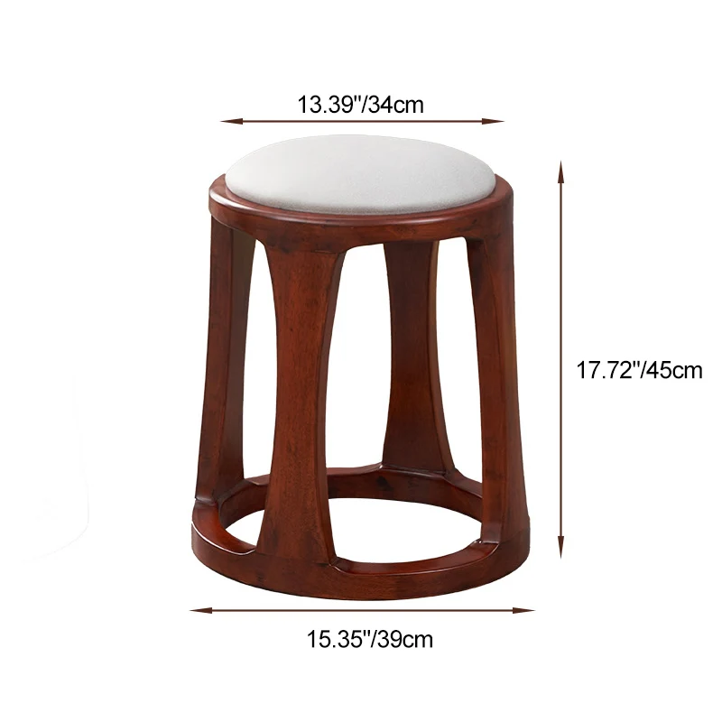 Traditional Chinese Synthetic Fabric & Faux Nappa Leather Rubberwood Round Low Stool For Living Room And Bedroom