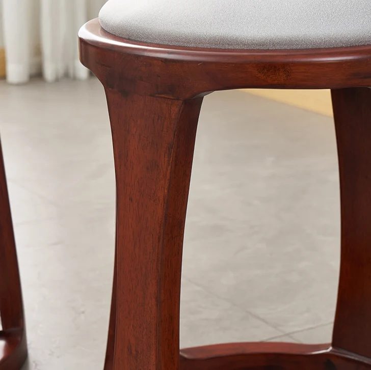 Traditional Chinese Synthetic Fabric & Faux Nappa Leather Rubberwood Round Low Stool For Living Room And Bedroom