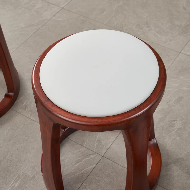 Traditional Chinese Synthetic Fabric & Faux Nappa Leather Rubberwood Round Low Stool For Living Room And Bedroom