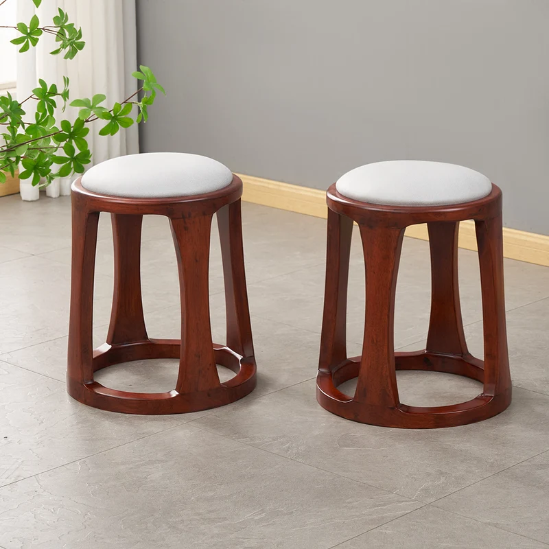 Traditional Chinese Synthetic Fabric & Faux Nappa Leather Rubberwood Round Low Stool For Living Room And Bedroom