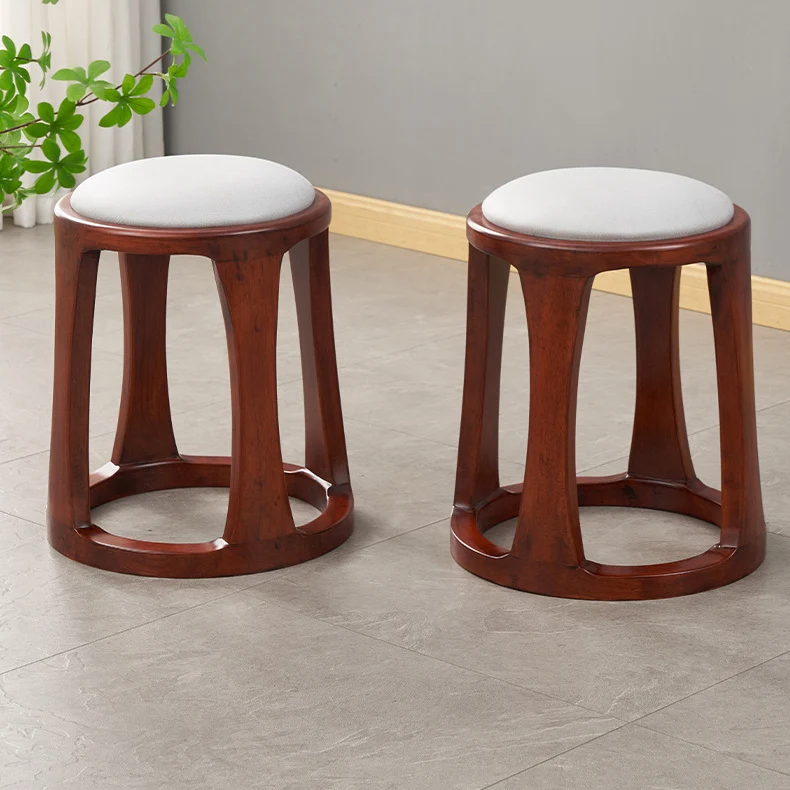 Traditional Chinese Synthetic Fabric & Faux Nappa Leather Rubberwood Round Low Stool For Living Room And Bedroom