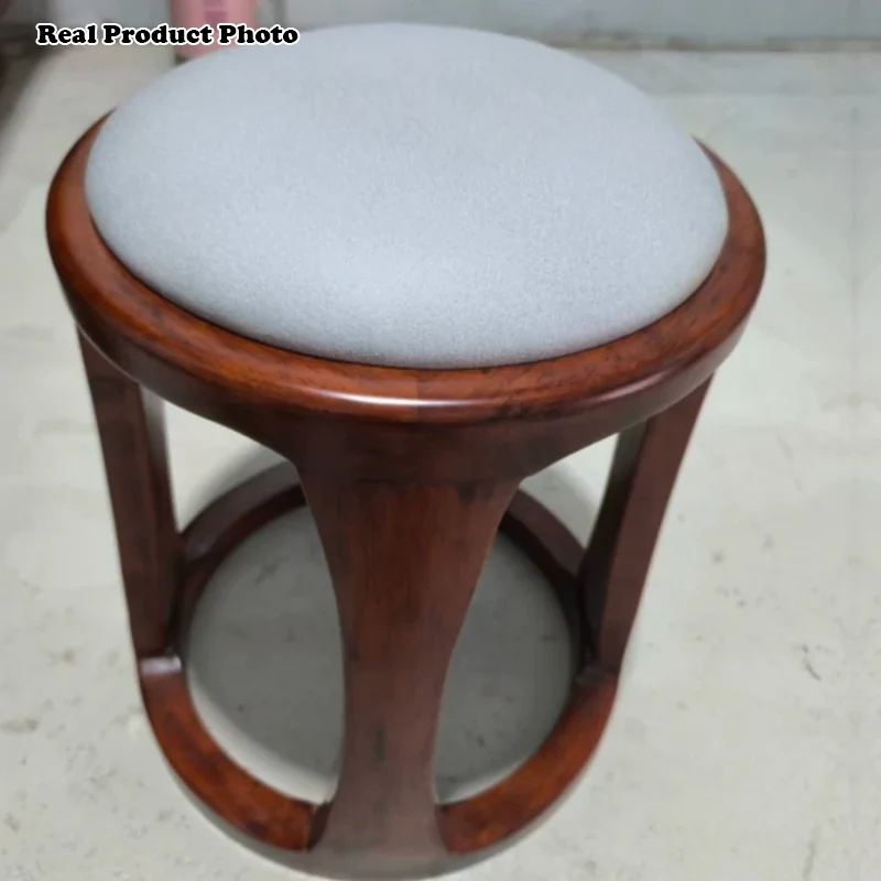 Traditional Chinese Synthetic Fabric & Faux Nappa Leather Rubberwood Round Low Stool For Living Room And Bedroom