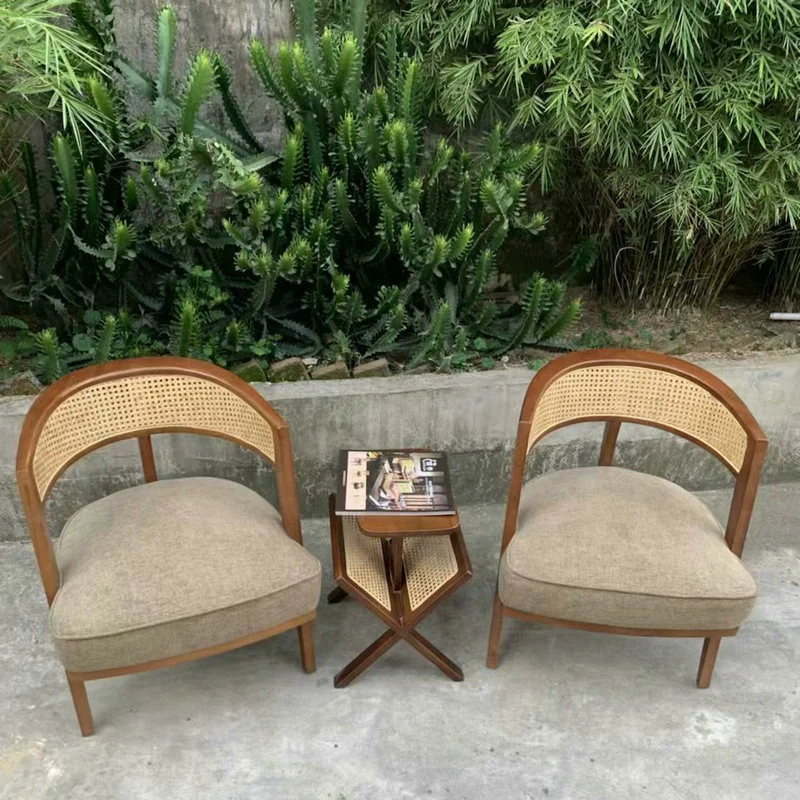 Traditional Japanese Cotton-linen Ash Wood Rattan Weaving Accent Chair With Backrest For Living Room And Dining Room