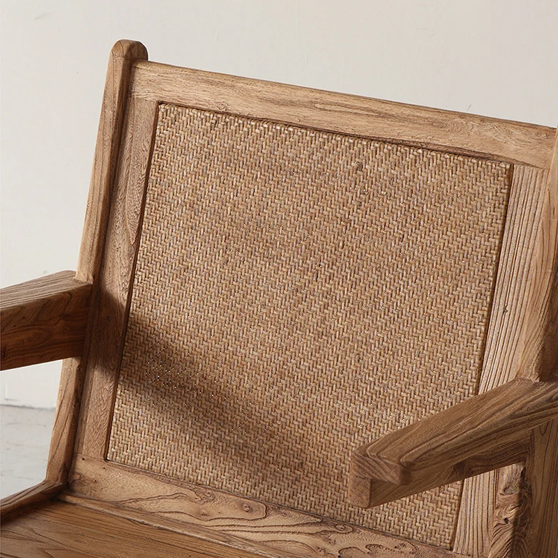 Traditional Japanese Weaving Weathered Wood & Rattan Accent Chair Lounge Chair With Backrest And Armrests For Balcony & Living Room Seating