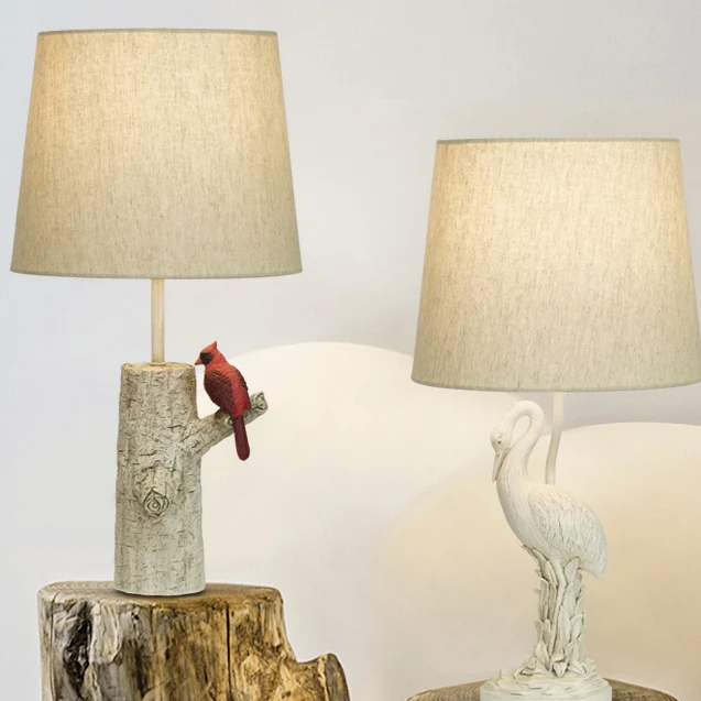 Traditional Vintage Resin & Fabric Column Branch Red Bird & White Crane 1-Light Table Lamp For Bedroom & Living Room