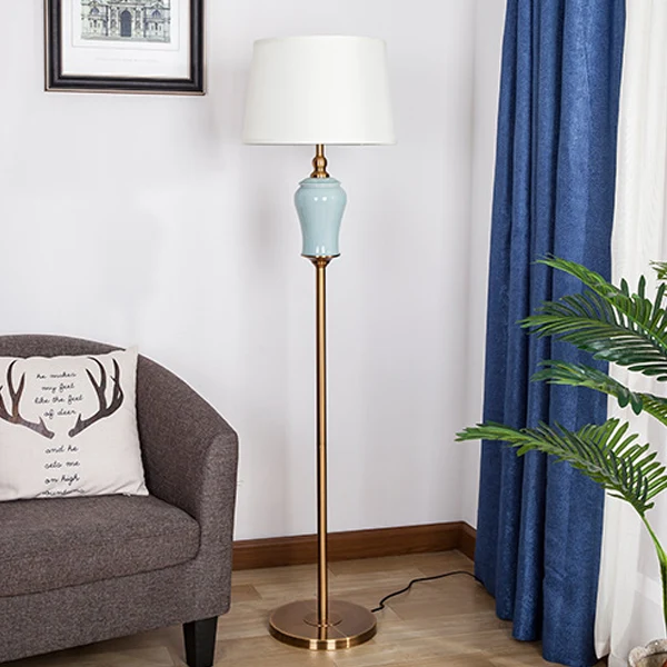 Traditional Chinese Ceramic Copper Fabric Column 1-Light Standing Floor Lamp For Living Room And Bedroom