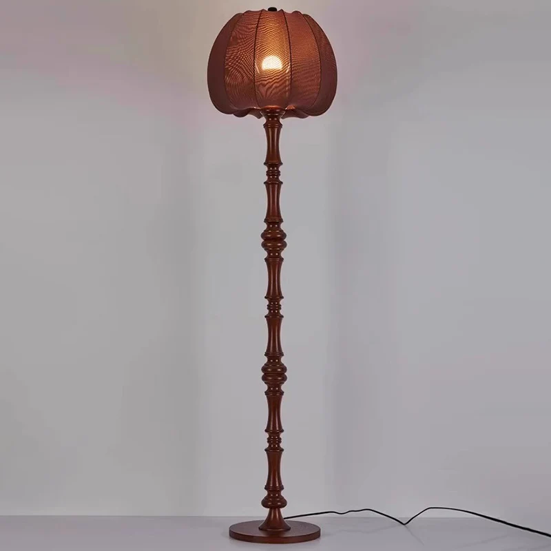 Traditional Vintage Fabric Pumpkin Shade Solid Wood 1-Light Standing Floor Lamp For Bedroom