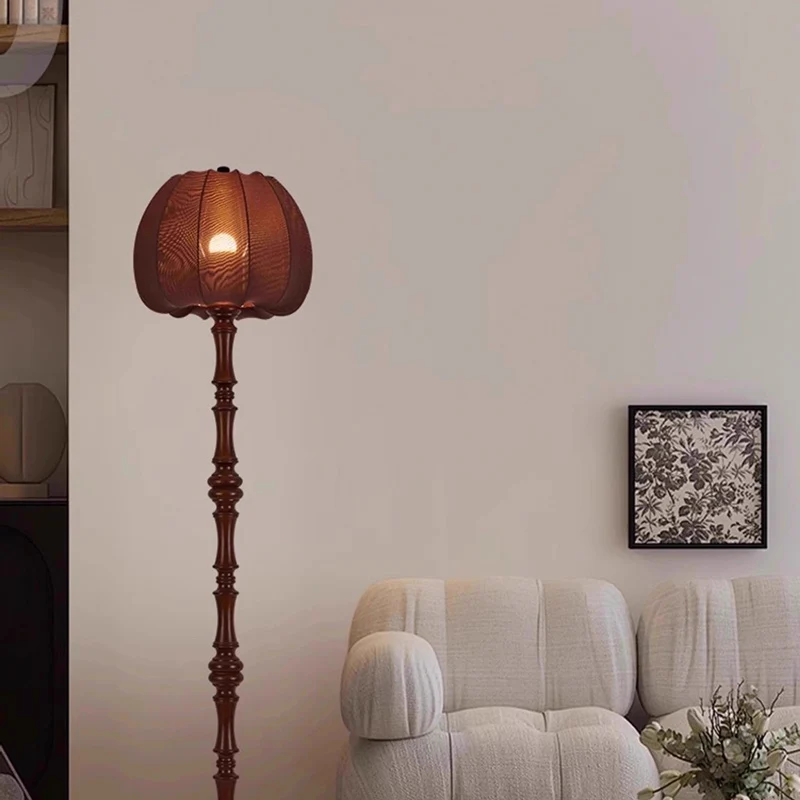Traditional Vintage Fabric Pumpkin Shade Solid Wood 1-Light Standing Floor Lamp For Bedroom