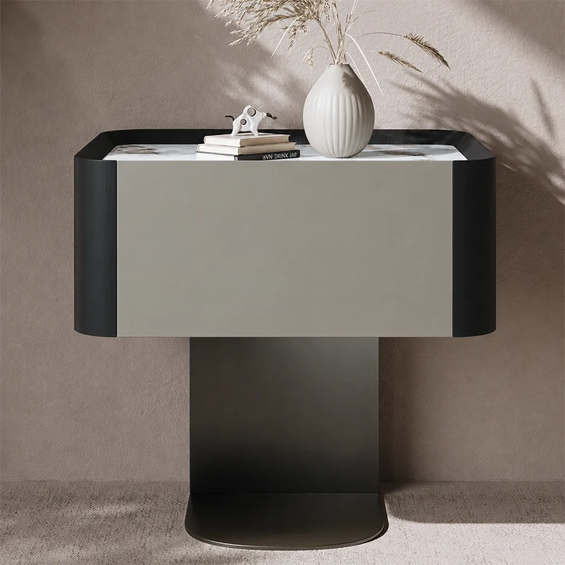 Modern Luxury Square Sintered Stone Top Smoked Wood Veneered Nightstand 1-Drawer For Bedroom