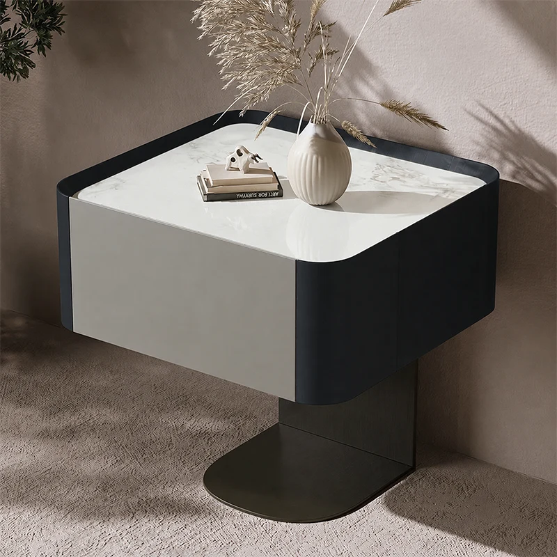 Modern Luxury Square Sintered Stone Top Smoked Wood Veneered Nightstand 1-Drawer For Bedroom