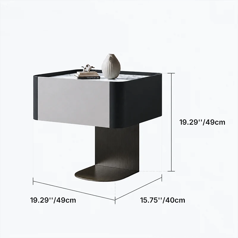 Modern Luxury Square Sintered Stone Top Smoked Wood Veneered Nightstand 1-Drawer For Bedroom