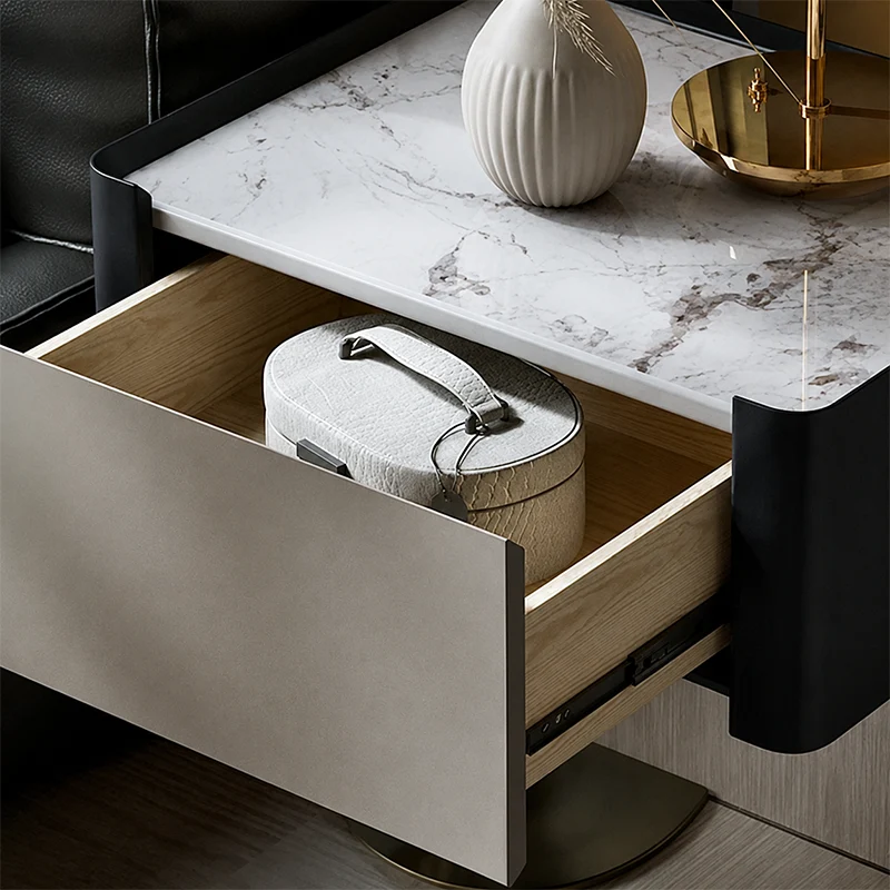 Modern Luxury Square Sintered Stone Top Smoked Wood Veneered Nightstand 1-Drawer For Bedroom