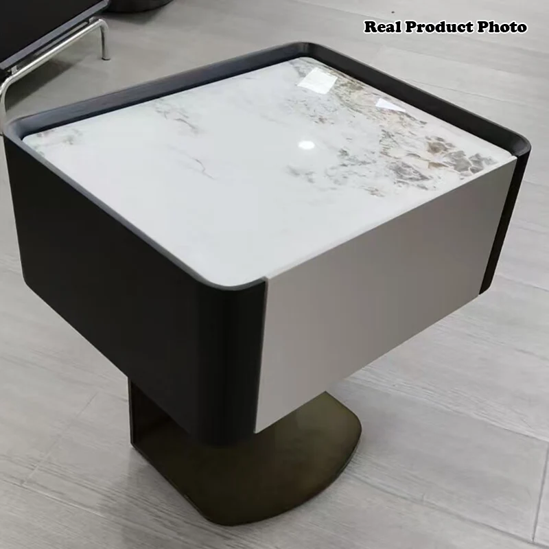 Modern Luxury Square Sintered Stone Top Smoked Wood Veneered Nightstand 1-Drawer For Bedroom
