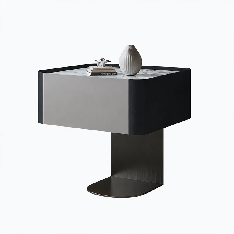 Modern Luxury Square Sintered Stone Top Smoked Wood Veneered Nightstand 1-Drawer For Bedroom