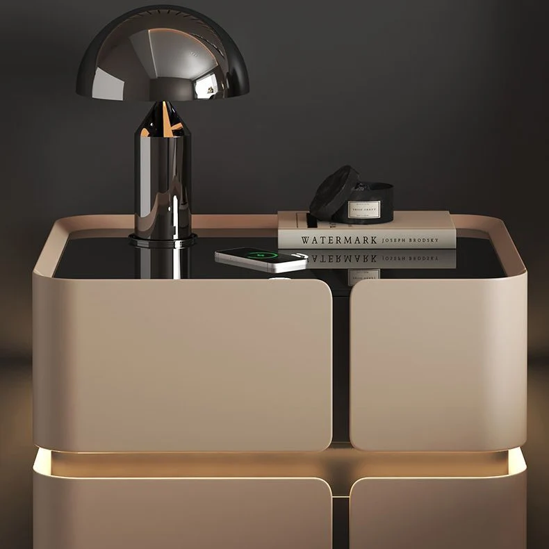 Contemporary Nordic Square Cube Sensor Light Wireless Charging Glass Cat Scratch Leather Pine Medium Density Fiberboard Nightstand 2/3 - Drawer For Bedroom