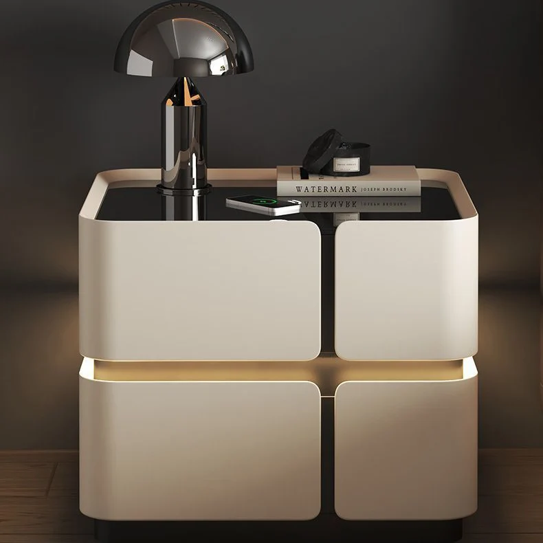 Contemporary Nordic Square Cube Sensor Light Wireless Charging Glass Cat Scratch Leather Pine Medium Density Fiberboard Nightstand 2/3 - Drawer For Bedroom