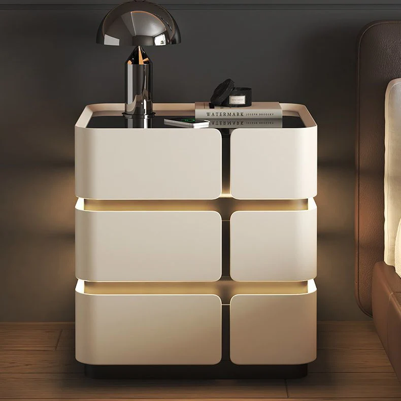 Contemporary Nordic Square Cube Sensor Light Wireless Charging Glass Cat Scratch Leather Pine Medium Density Fiberboard Nightstand 2/3 - Drawer For Bedroom