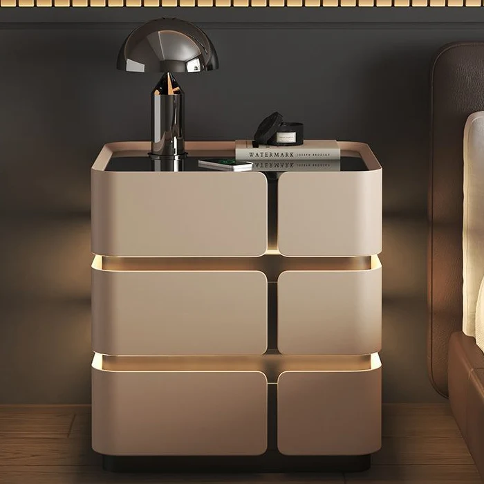 Contemporary Nordic Square Cube Sensor Light Wireless Charging Glass Cat Scratch Leather Pine Medium Density Fiberboard Nightstand 2/3 - Drawer For Bedroom