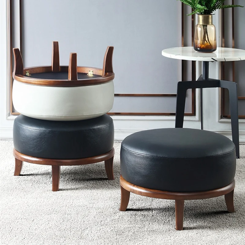 Contemporary Nordic Round Square PU Leather Ash Footstool Backless Armless For Living Room
