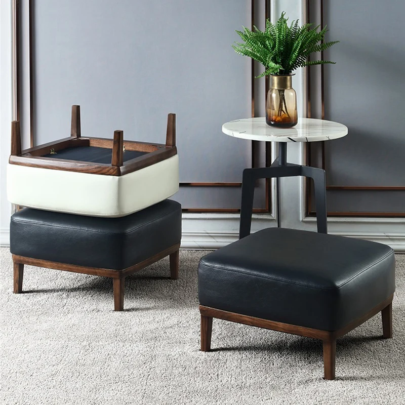 Contemporary Nordic Round Square PU Leather Ash Footstool Backless Armless For Living Room