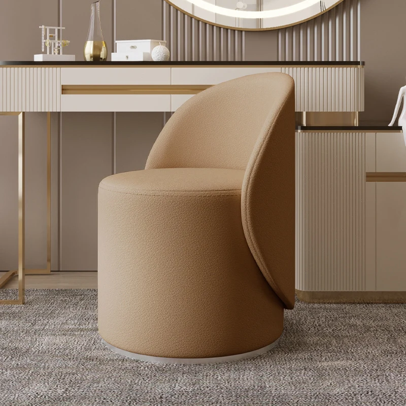 Contemporary Nordic Faux Leather & Rubberwood Cylindrical Vanity Stool With Backrest & Swivel Function For Bedroom