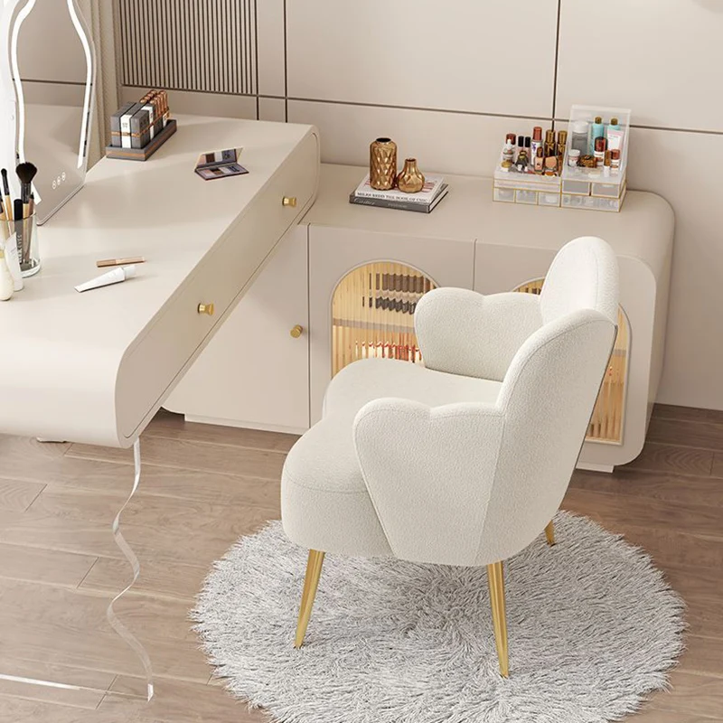 Contemporary Nordic Sherpa Fabric & Metal Curved Back Vanity Stool For Bedroom